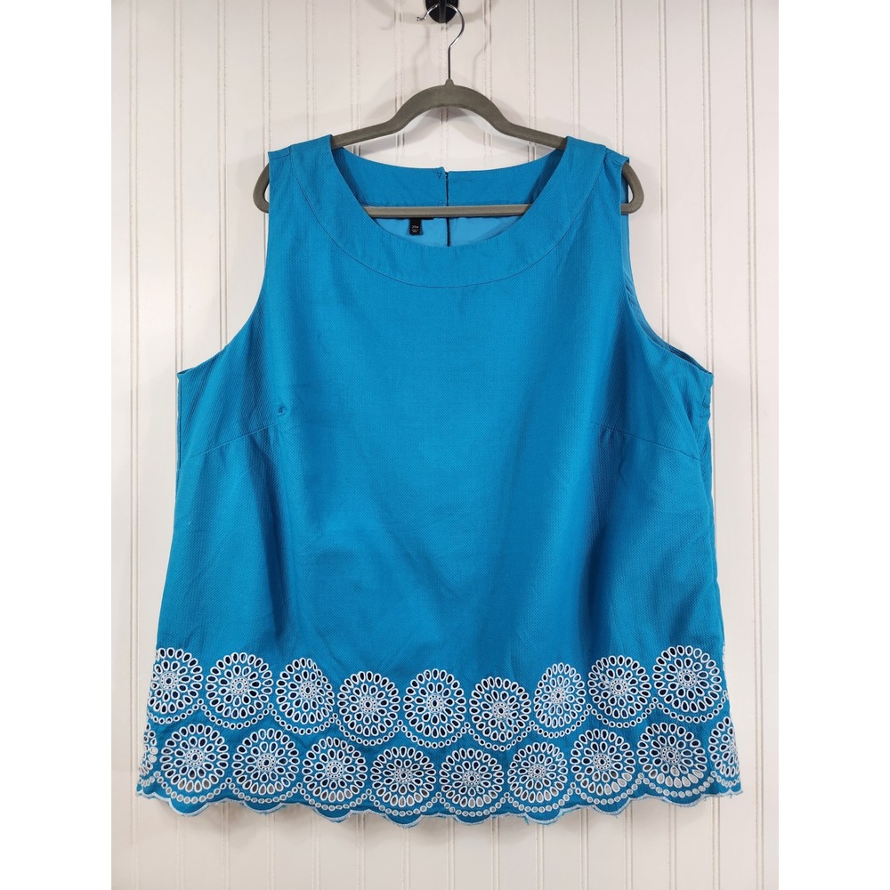Talbots Plus Womens 20W Turquoise Blue Textured Eyelet Hem Sleeveless Blouse Top